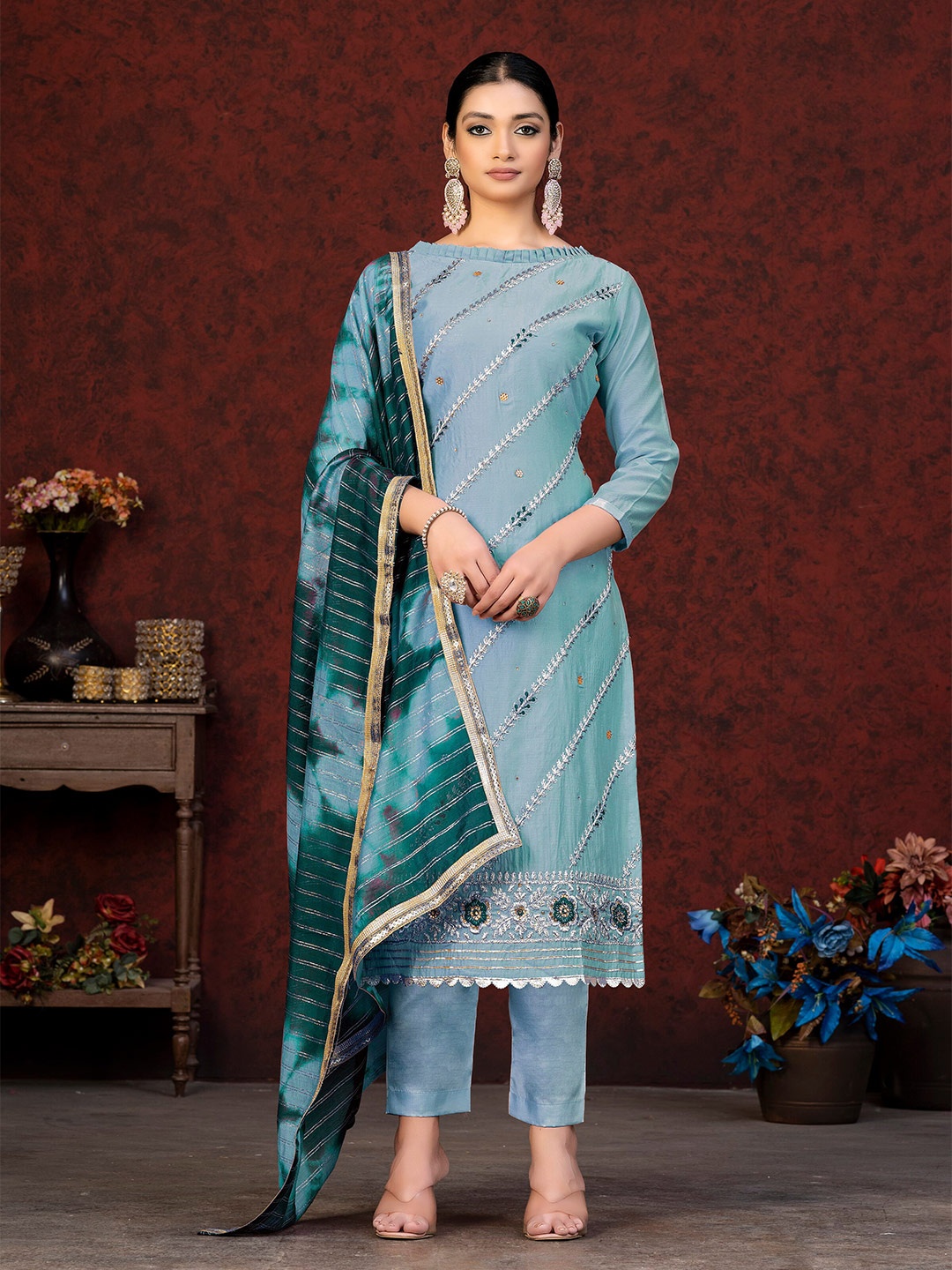 

MANVAA Floral Embroidered Gotta Patti Unstitched Dress Material, Blue