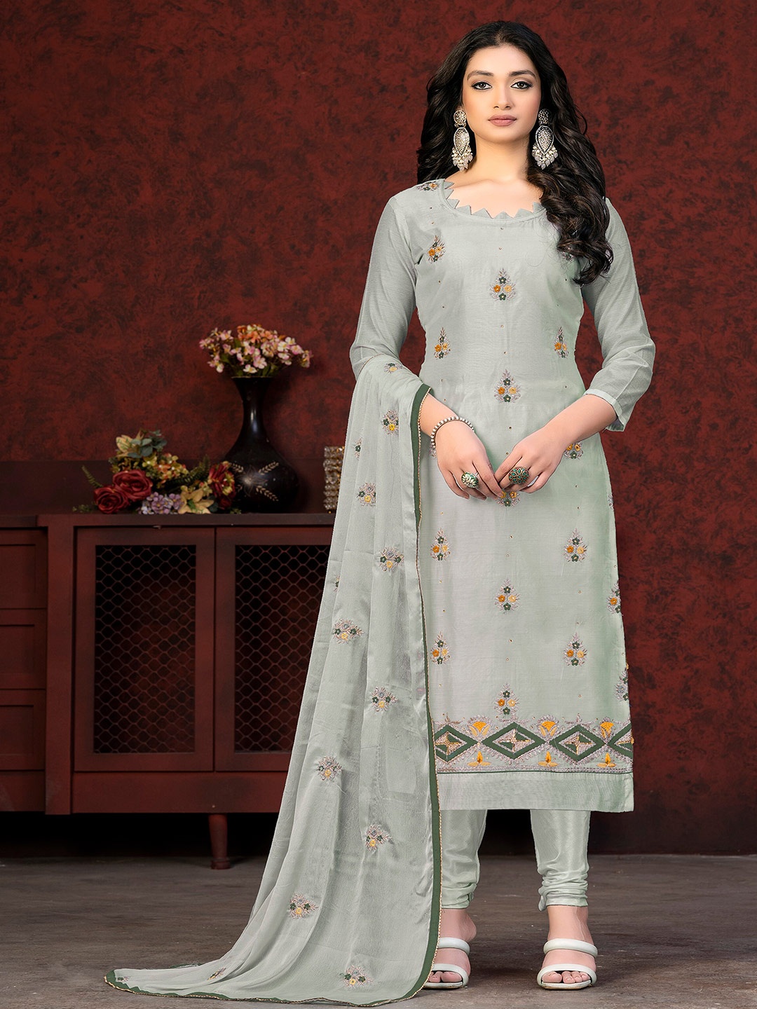 

MANVAA Floral Embroidered Beads and Stones Unstitched Dress Material, Grey