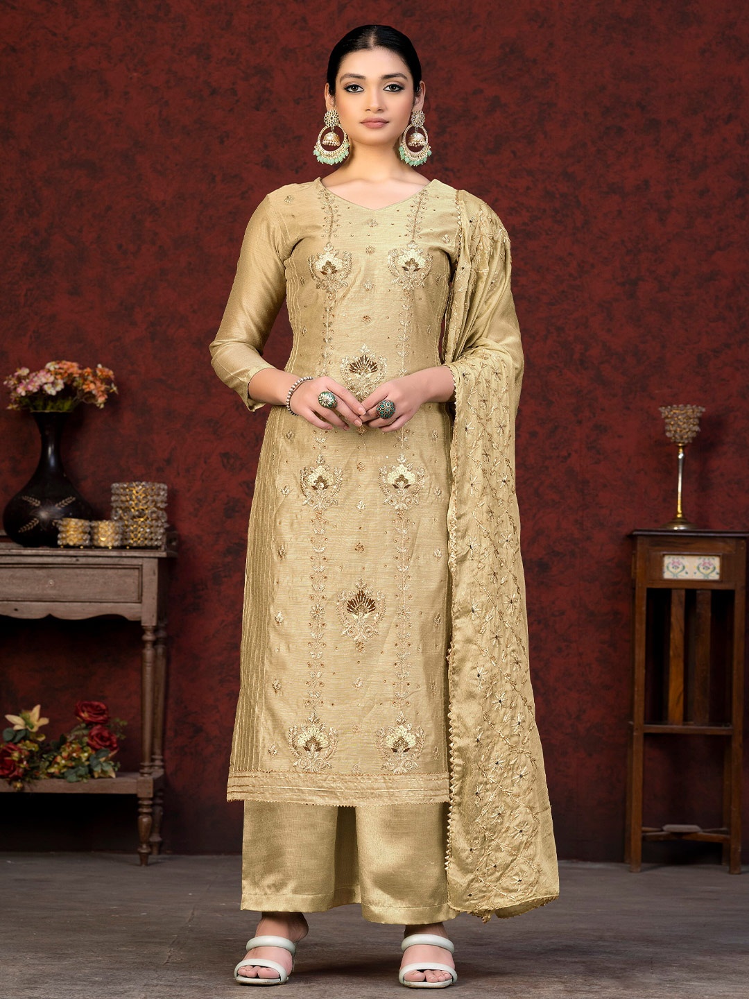 

MANVAA Floral Embroidered Gotta Patti Unstitched Dress Material, Beige