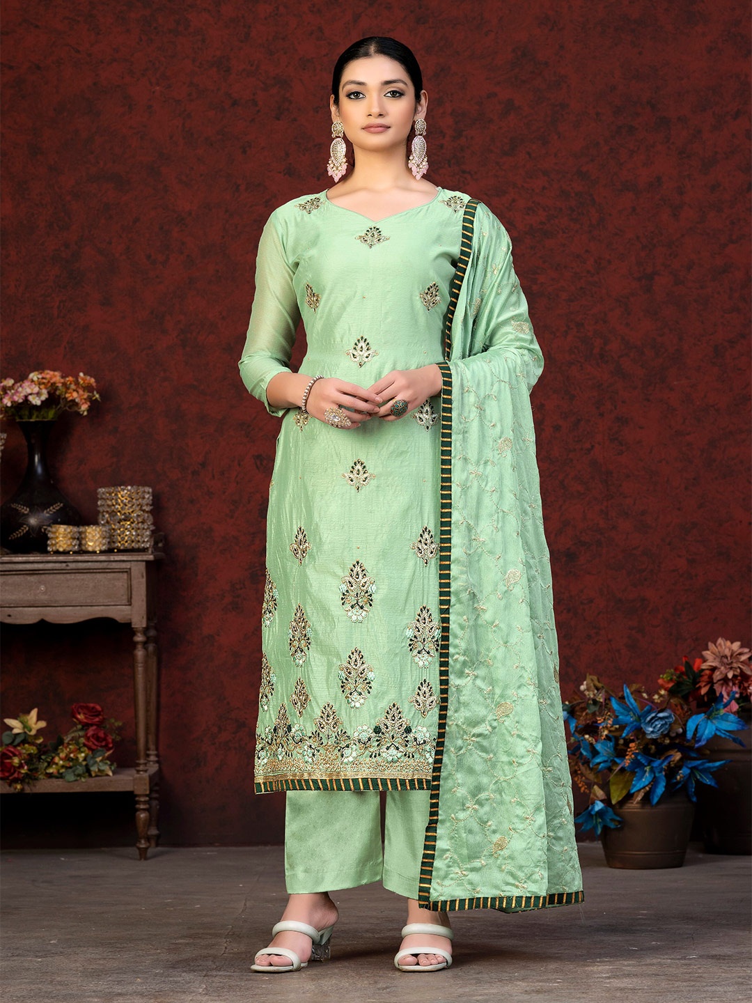 

MANVAA Ethnic Motifs Embroidered Unstitched Dress Material, Green