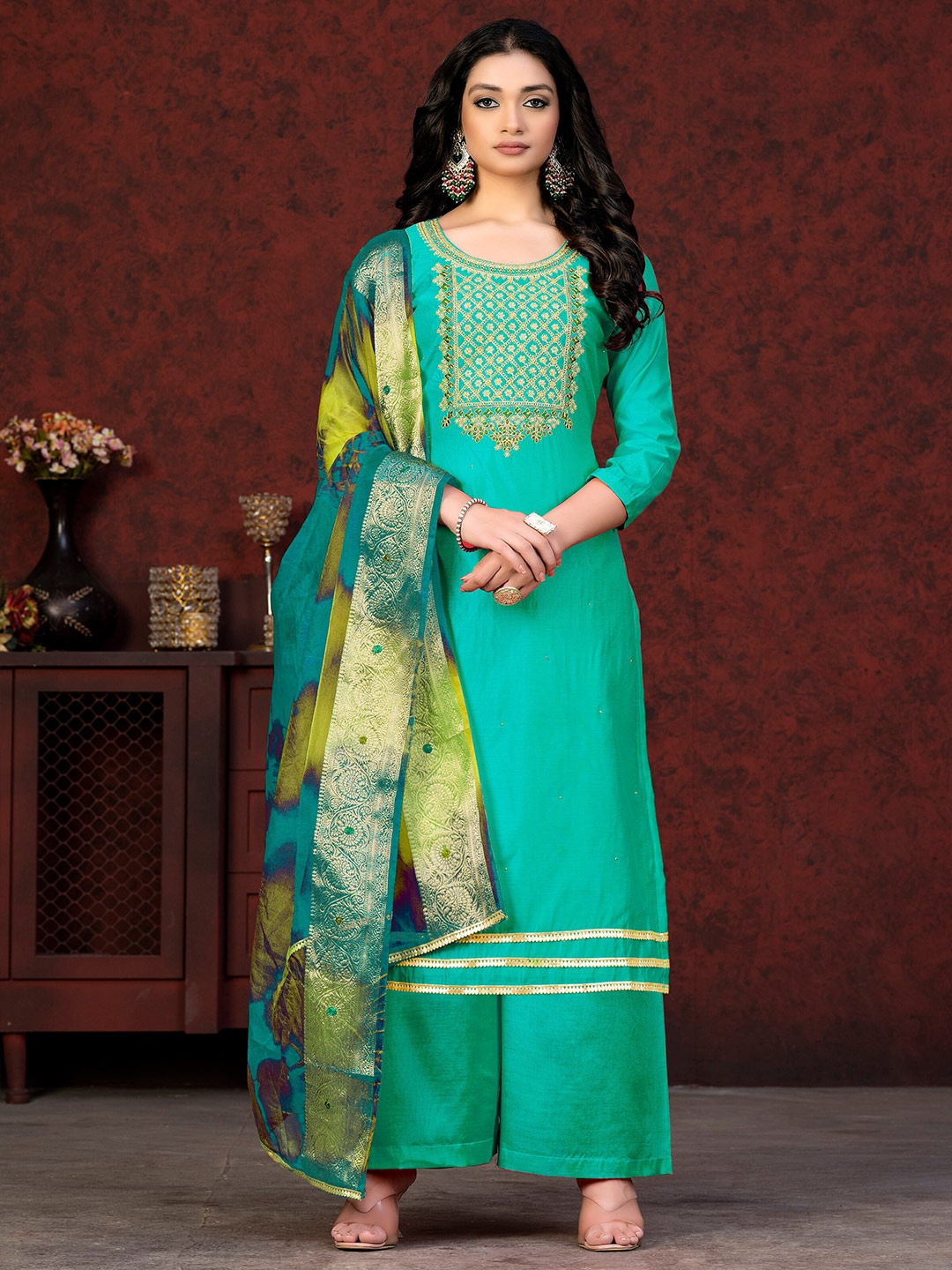 

MANVAA Ethnic Motifs Embroidered Beads and Stones Unstitched Dress Material, Sea green