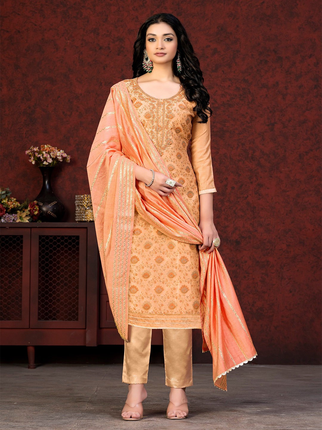 

MANVAA Floral Printed Gotta Patti Unstitched Dress Material, Orange