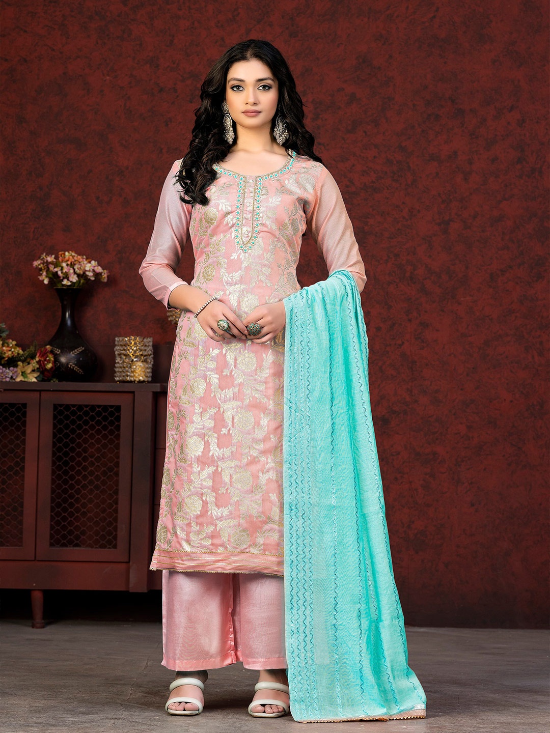 

MANVAA Ethnic Motif Woven Design Unstitched Dress Material, Peach