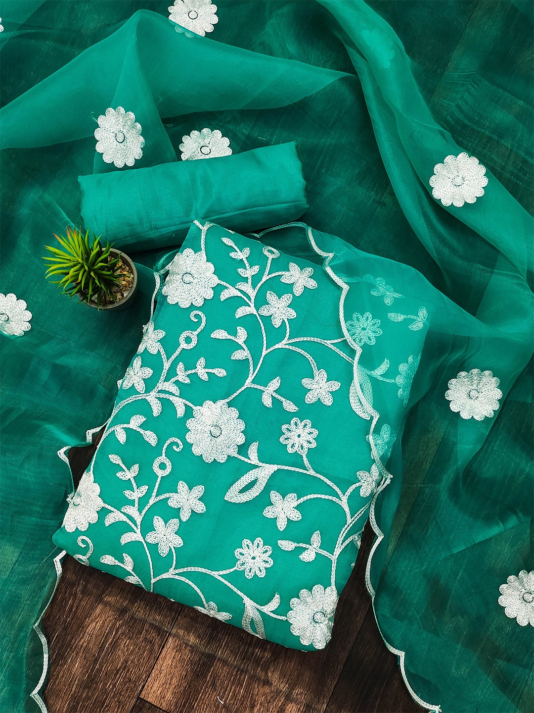 

MANVAA Floral Embroidered Unstitched Dress Material, Sea green