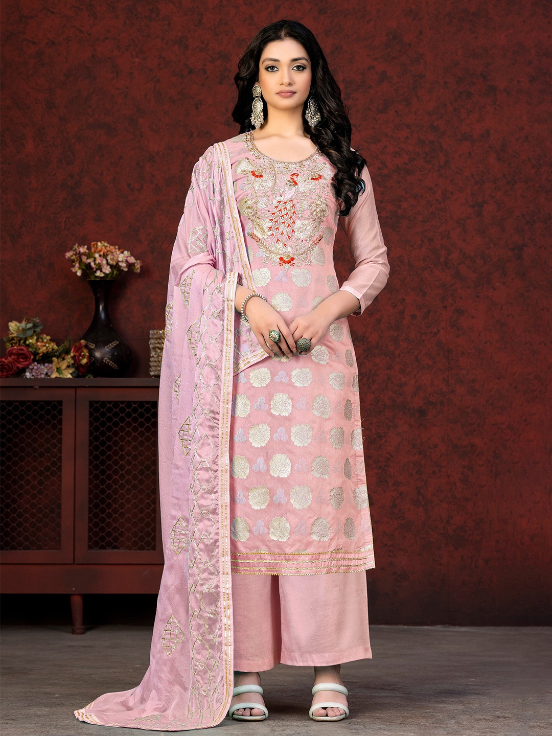 

MANVAA Floral Woven Design Beads and Stones Unstitched Dress Material, Peach