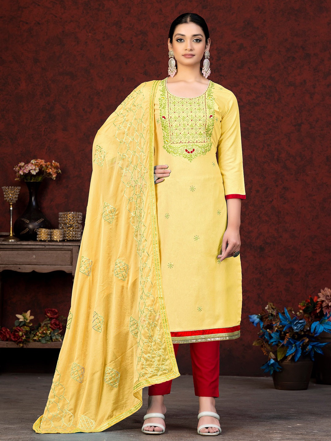 

MANVAA Embellished Unstitched Dress Material, Yellow