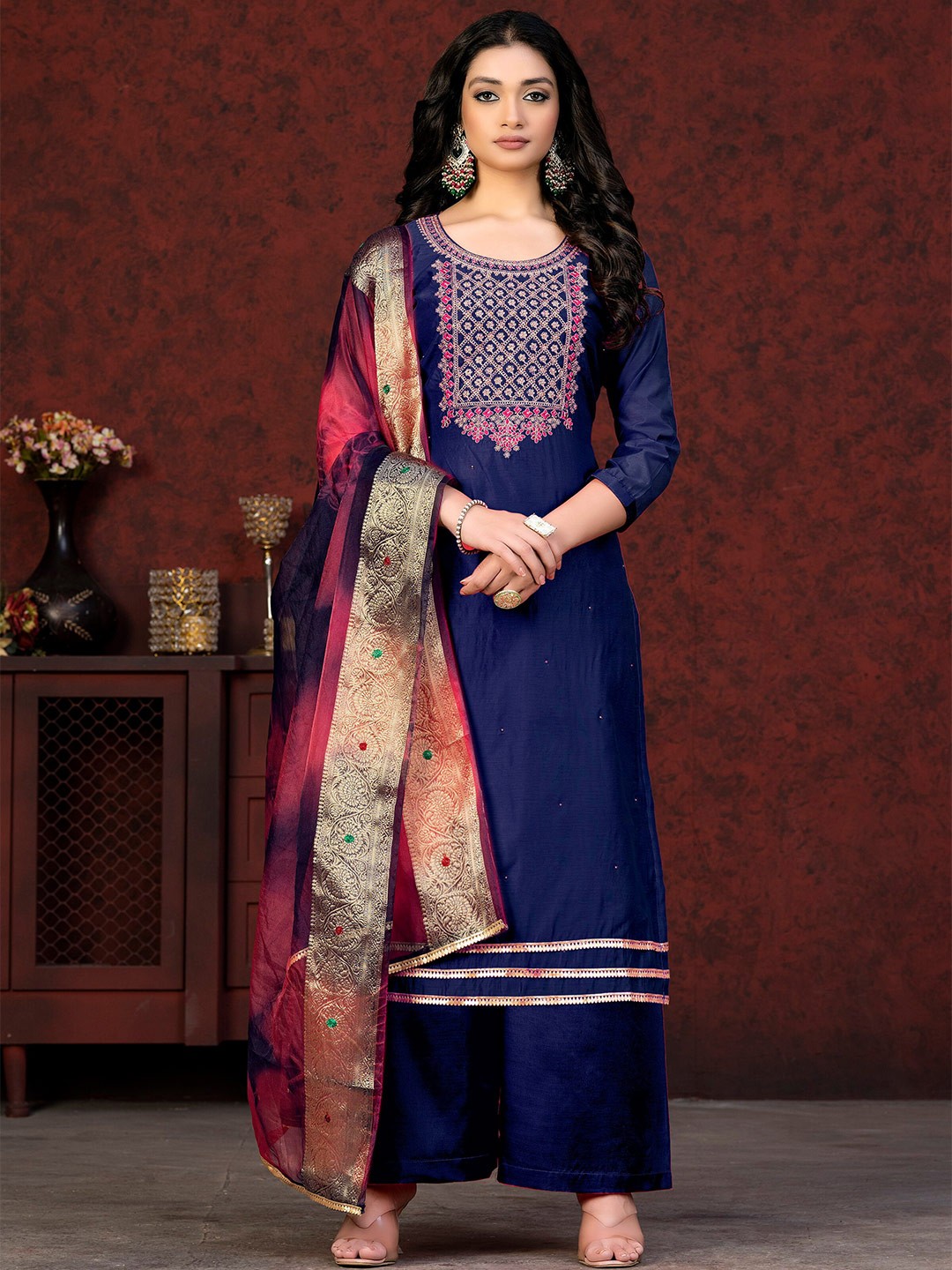 

MANVAA Ethnic Motifs Embroidered Beads and Stones Unstitched Dress Material, Blue