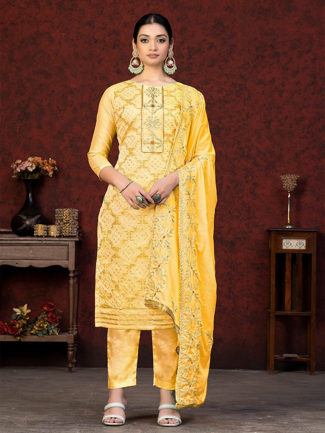 

MANVAA Embroidered Unstitched Dress Material, Yellow