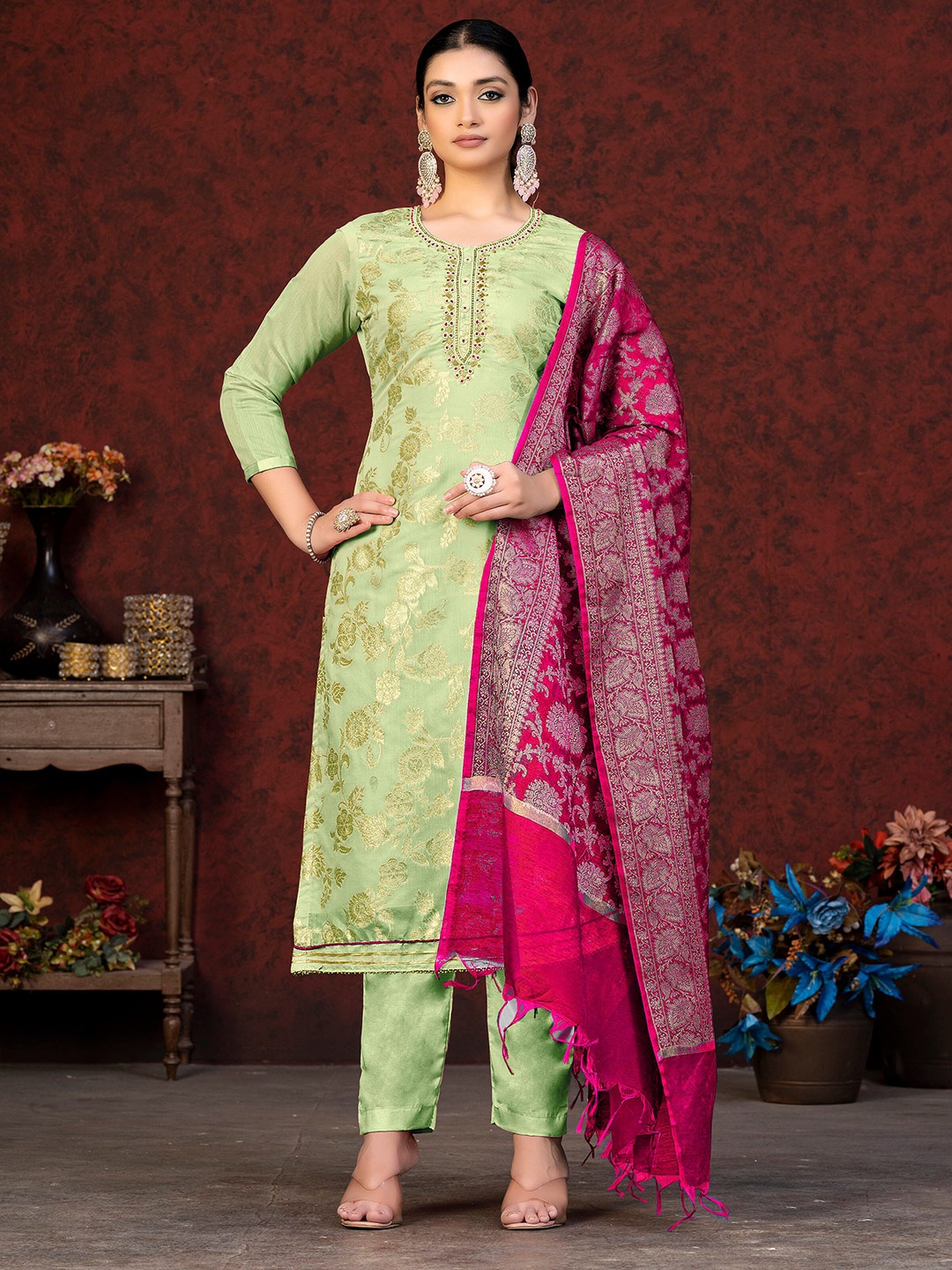 

MANVAA Floral Woven Design Beads and Stones Unstitched Dress Material, Green