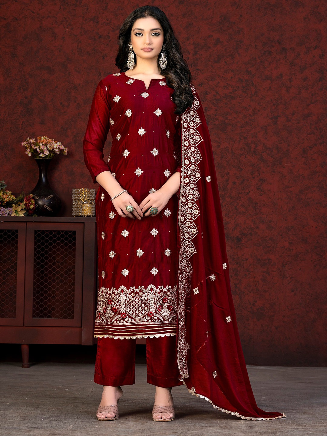 

MANVAA Floral Embroidered Unstitched Dress Material, Maroon