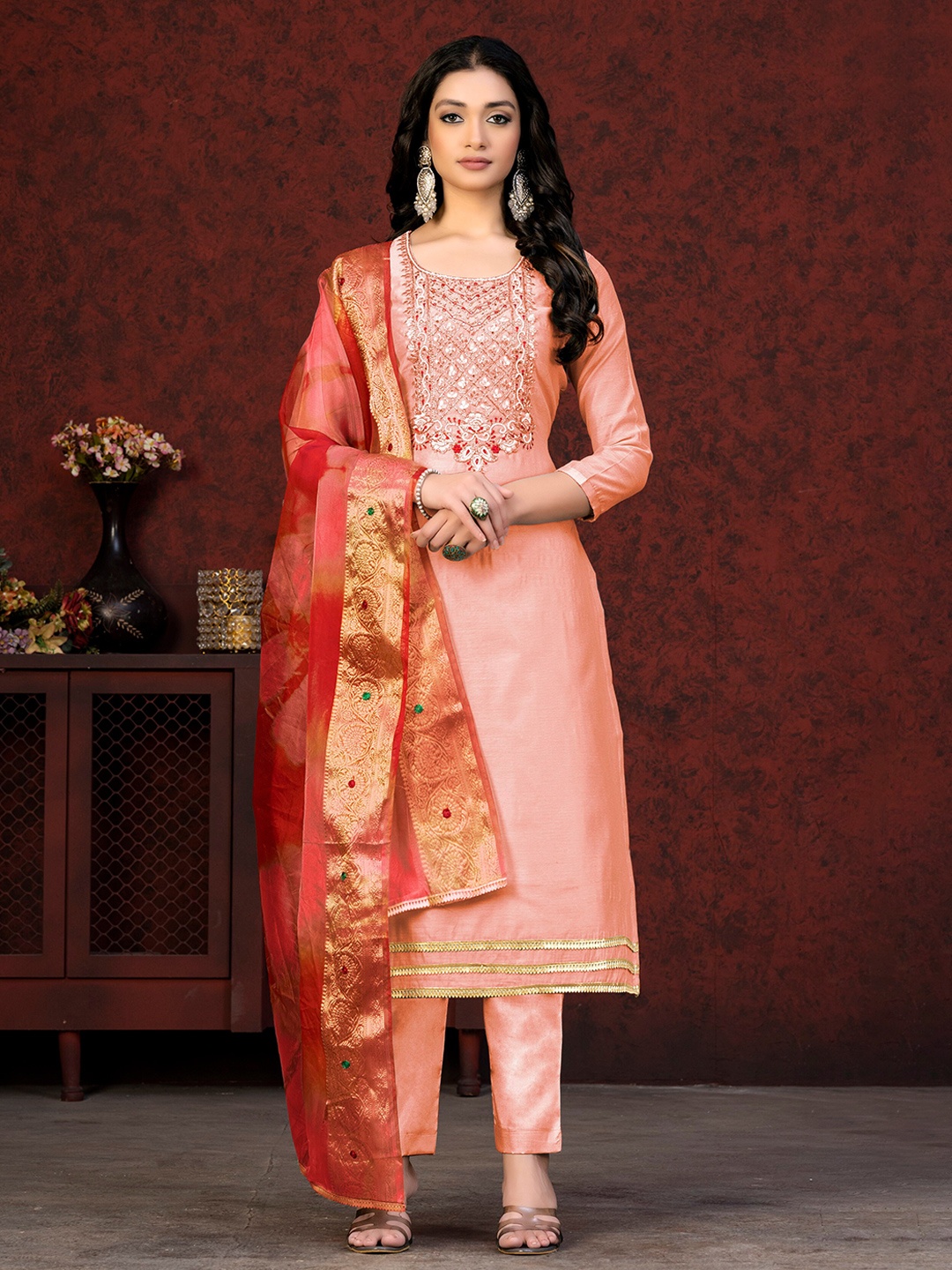 

MANVAA Ethnic Motifs Embroidered Beads and Stones Unstitched Dress Material, Peach
