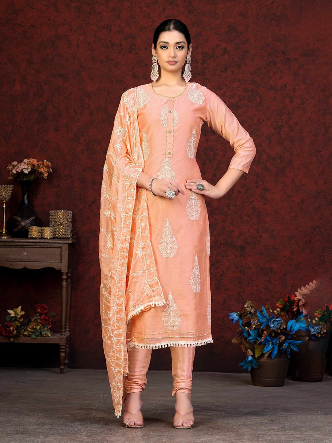 

MANVAA Floral Embroidered Unstitched Dress Material, Peach