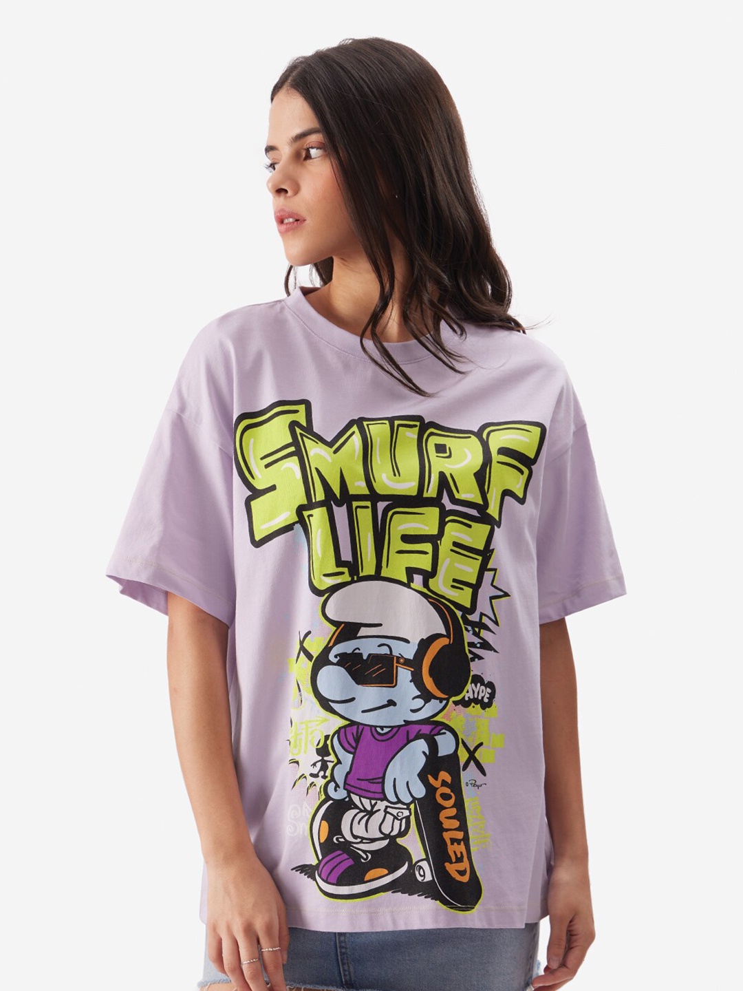 

The Souled Store Smurf Life Printed Drop-Shoulder Sleeves Oversized Pure Cotton T-shirt, Lavender