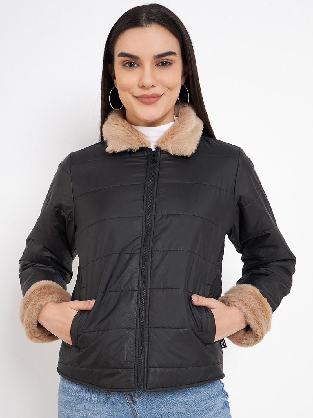 

STROP Long Sleeves Faux Fur Trim Puffer Jacket, Black