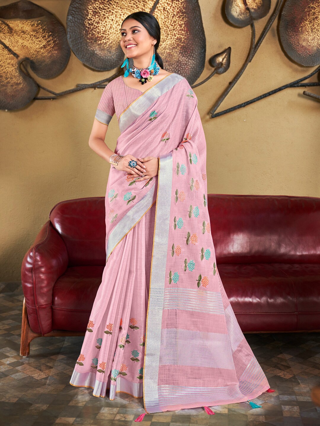 

Mitera Embellished Linen Blend Embroidered Designer Saree, Pink
