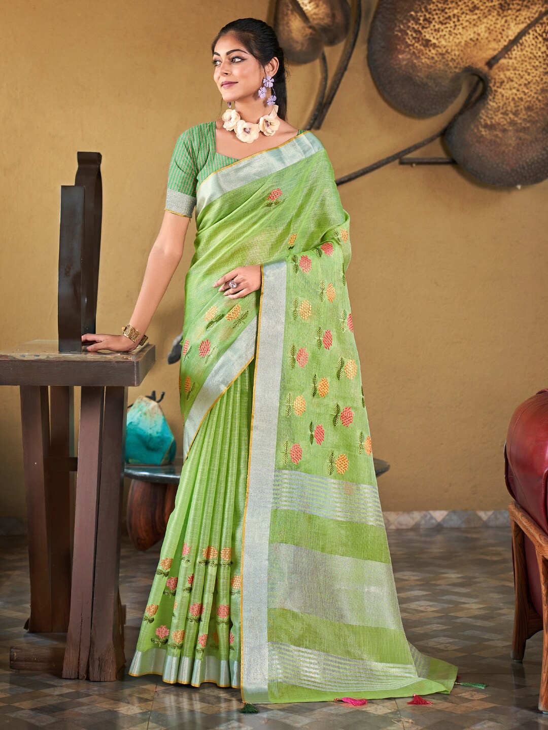 

Mitera Embellished Linen Blend Embroidered Designer Saree, Green