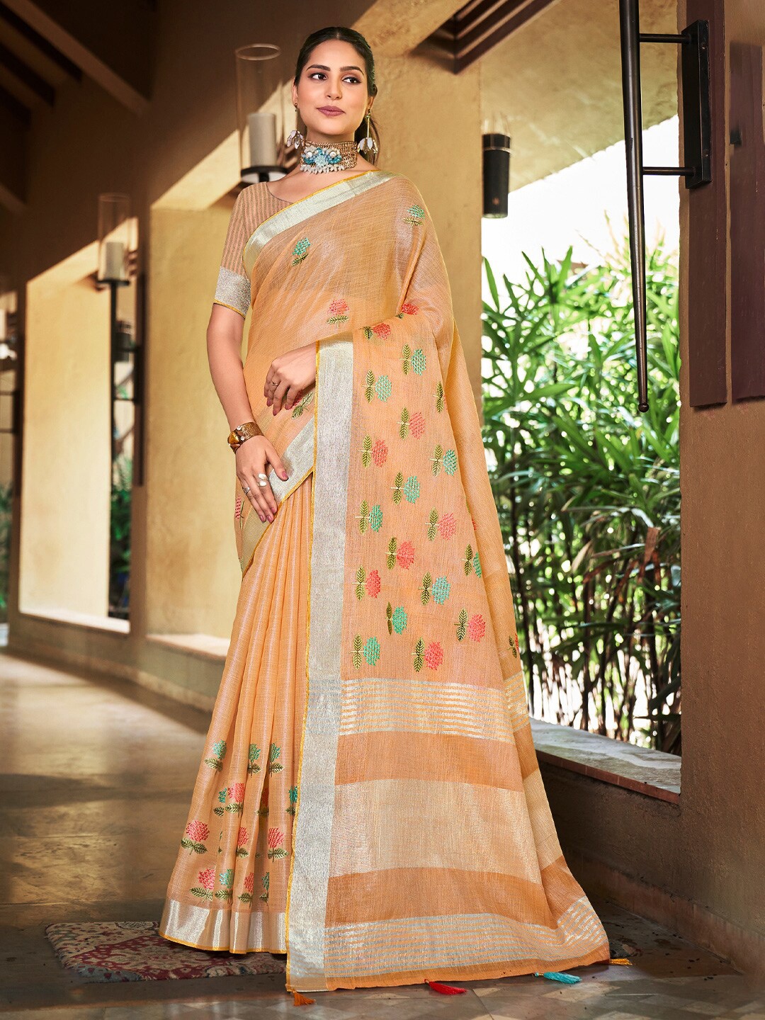 

Mitera Embellished Linen Blend Embroidered Designer Saree, Orange