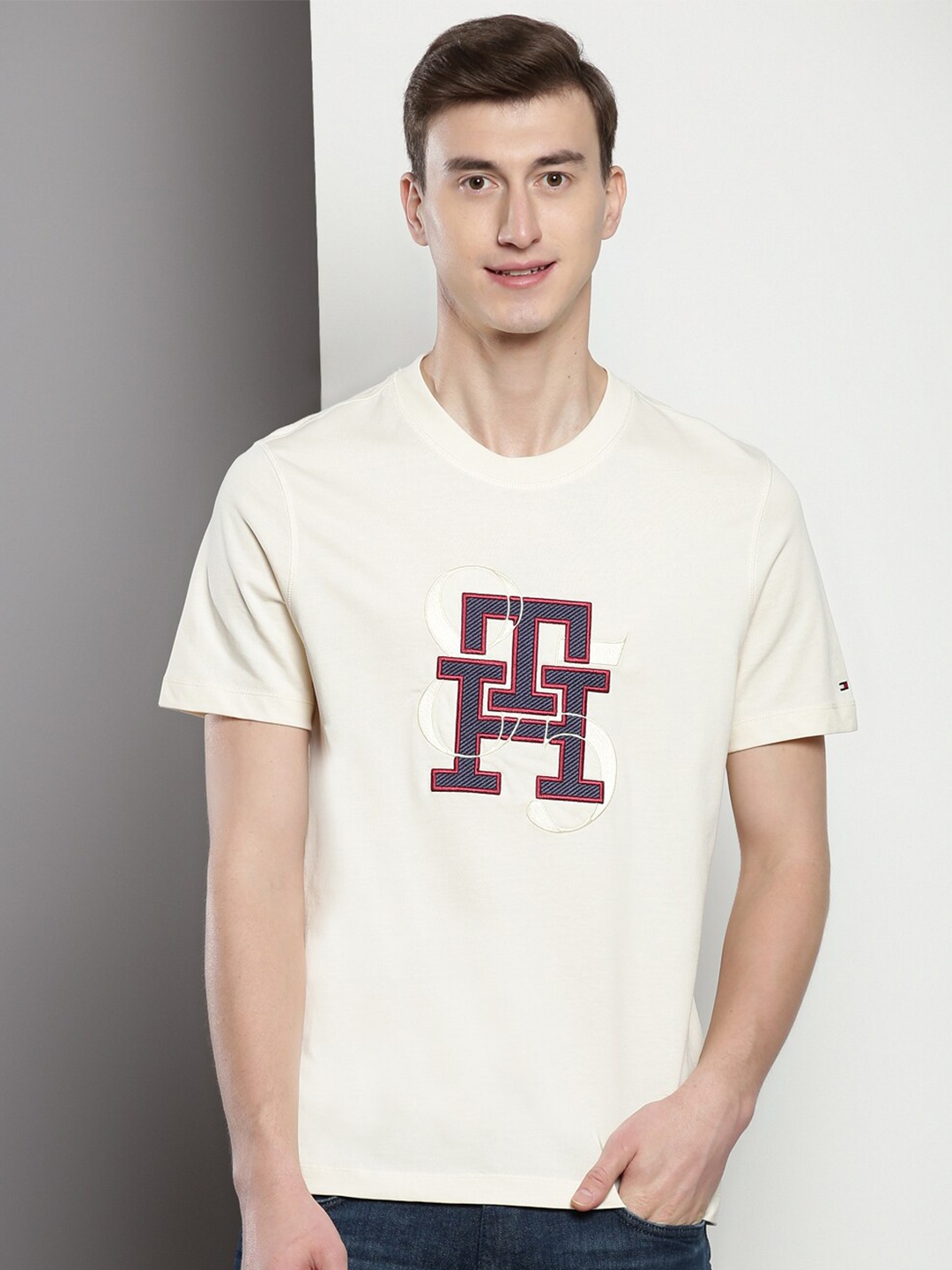 

Tommy Hilfiger Typography Embroidered Pure Cotton T-shirt, Off white