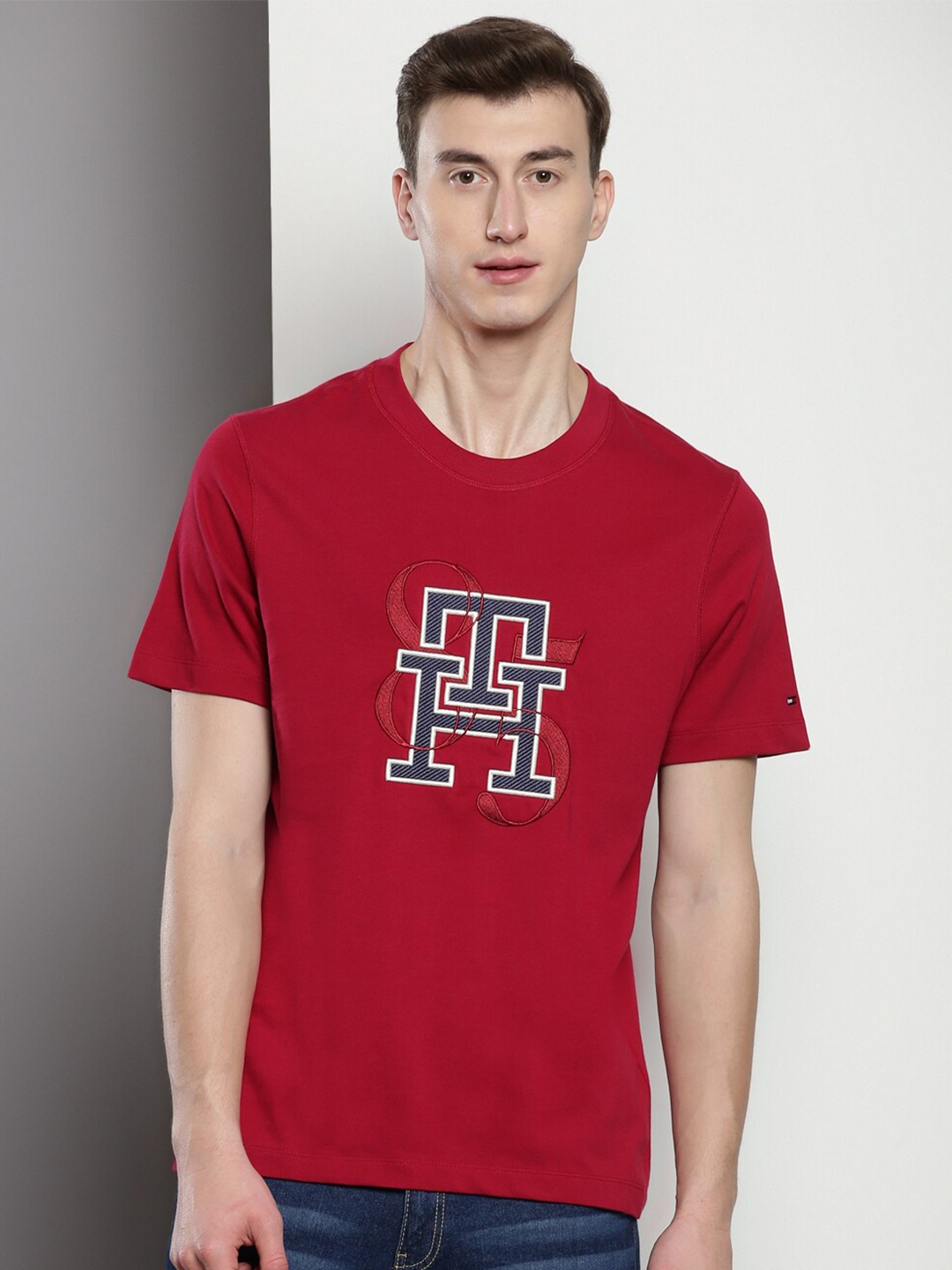 

Tommy Hilfiger Typography Embroidered Pure Cotton T-shirt, Burgundy