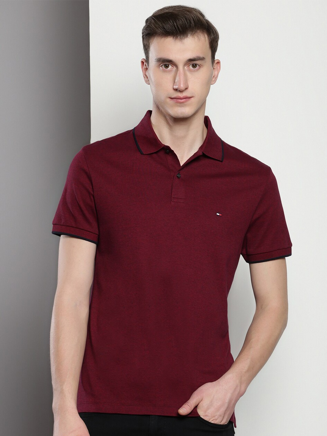 

Tommy Hilfiger Polo Collar Short Sleeves Slim Fit Pure Cotton T-shirt, Burgundy