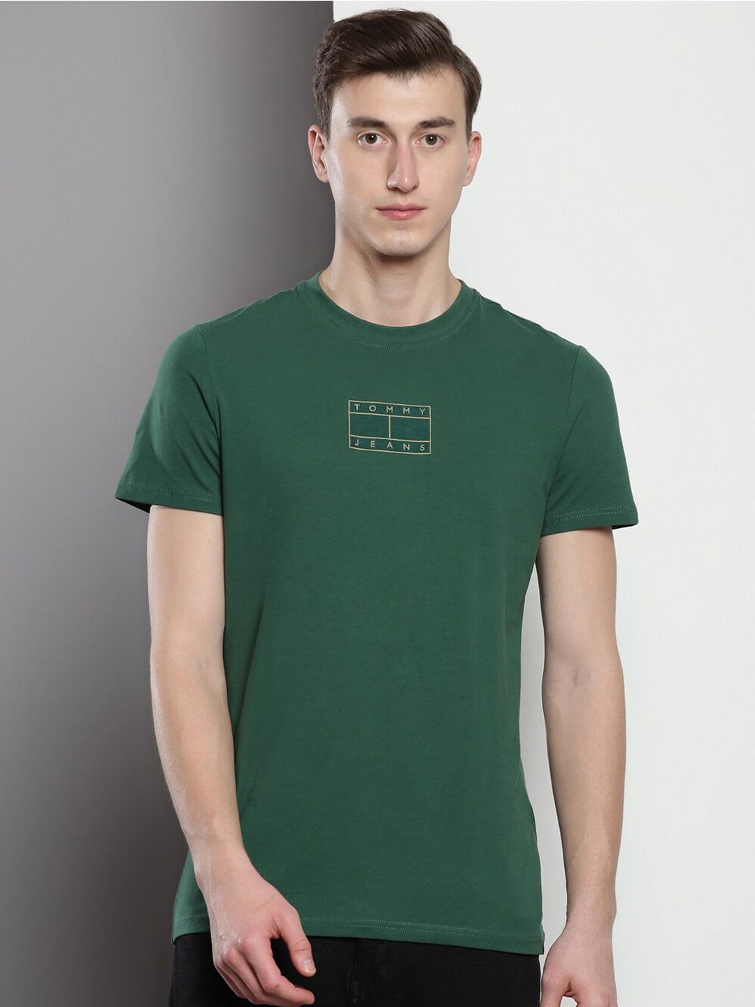 

Tommy Hilfiger Brand Logo Embroidered Slim Fit Pure Cotton T-shirt, Green