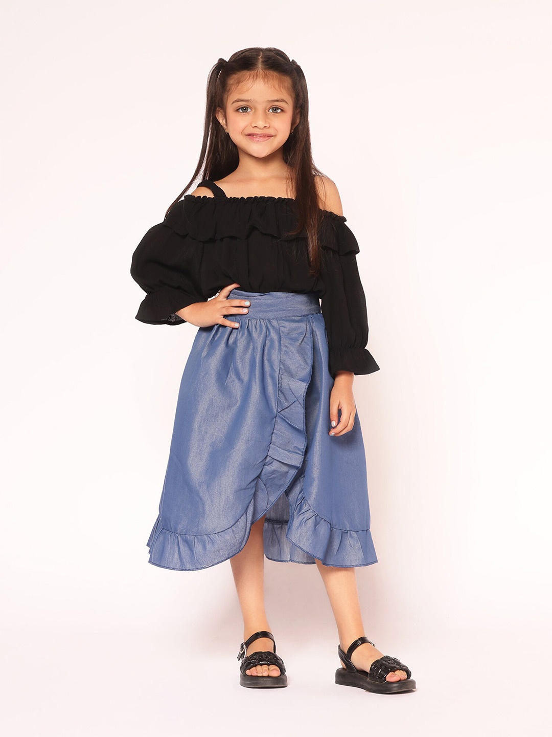 

BAESD Girls Puff Sleeves Top with Skirt, Black
