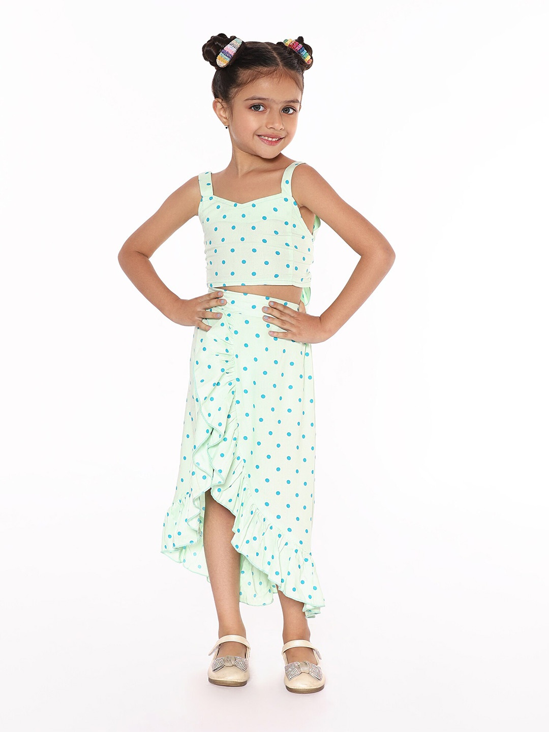 

BAESD Girls Polka Dots Printed Crop Top with Skirt, Green