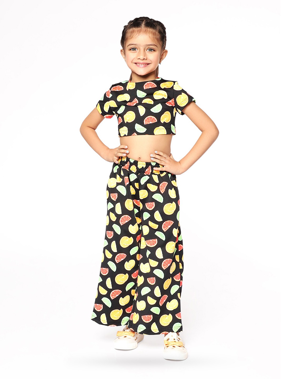 

BAESD Girls Conversational Printed Crop Top with Trousers, Black