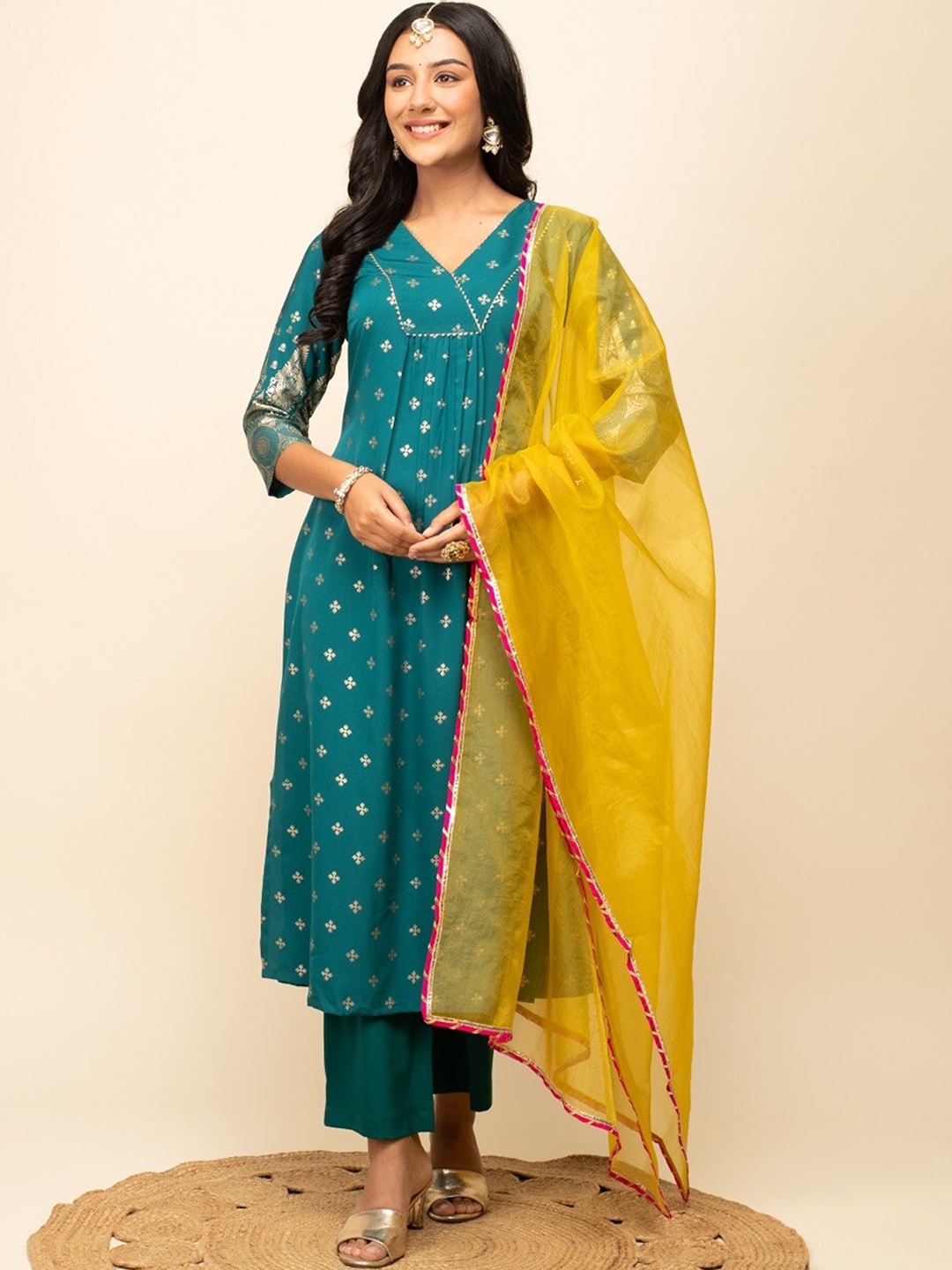 

FIORRA Floral Printed Regular Zari A-Line Kurta with Trousers & Dupatta, Blue
