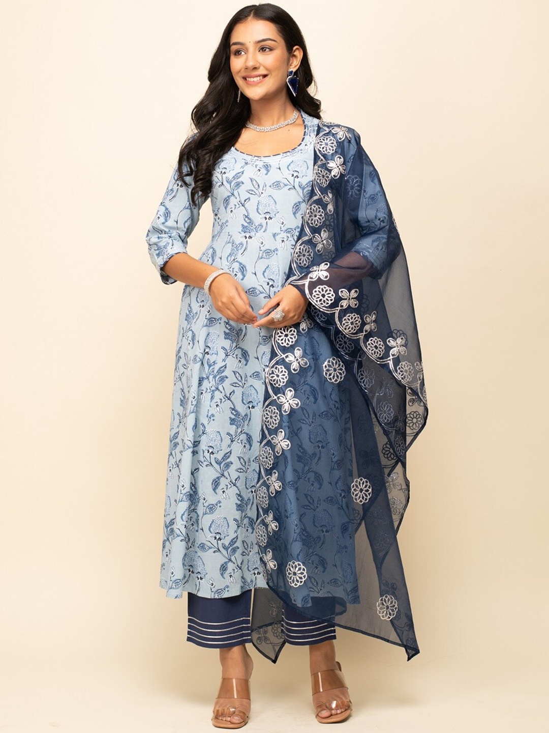 

FIORRA Printed Pure Cotton Kurta & Trousers With Dupatta, Blue