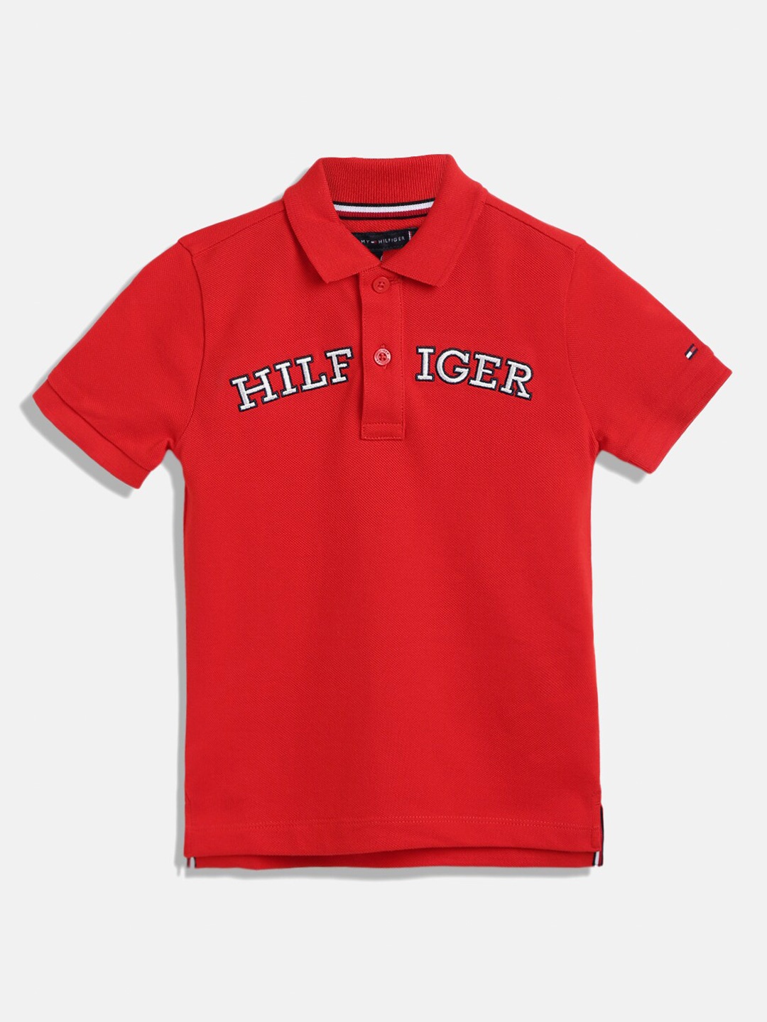 

Tommy Hilfiger Boys Typography Embroidered Polo Collar Pure Cotton T-shirt, Red
