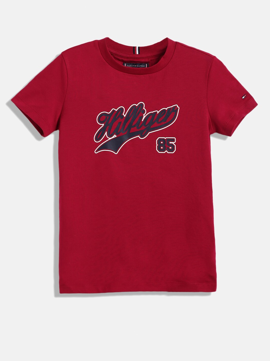 

Tommy Hilfiger Boys Typography Printed Pure Cotton T-shirt, Maroon