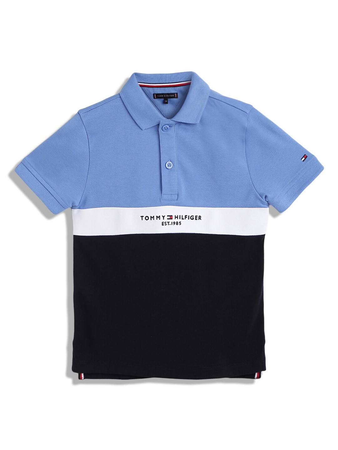 

Tommy Hilfiger Boys Colourblocked Polo Collar Pure Cotton T-shirt, Blue