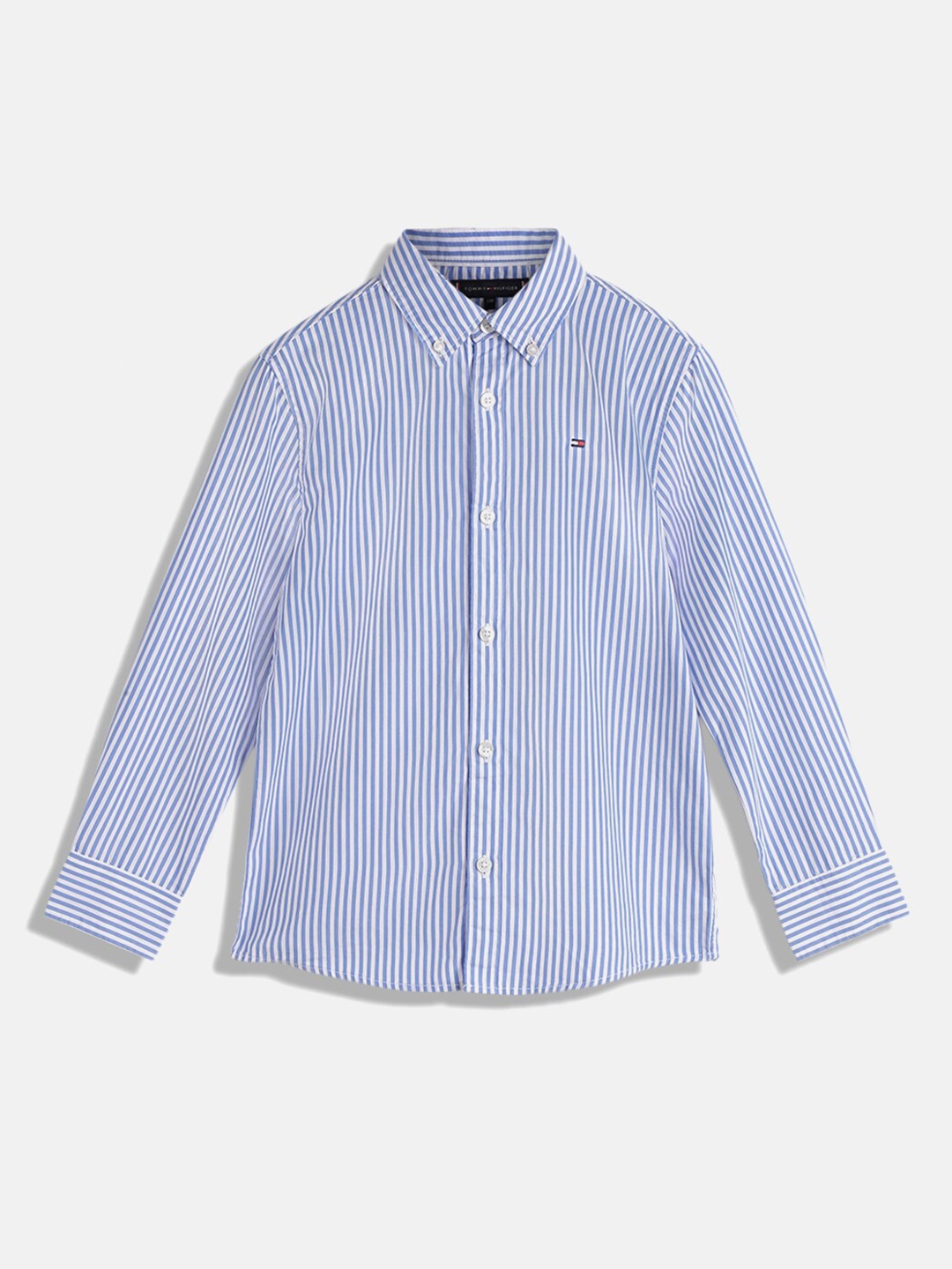 

Tommy Hilfiger Boys Standard Vertical Striped Button Down Collar Pure Cotton Casual Shirt, Blue