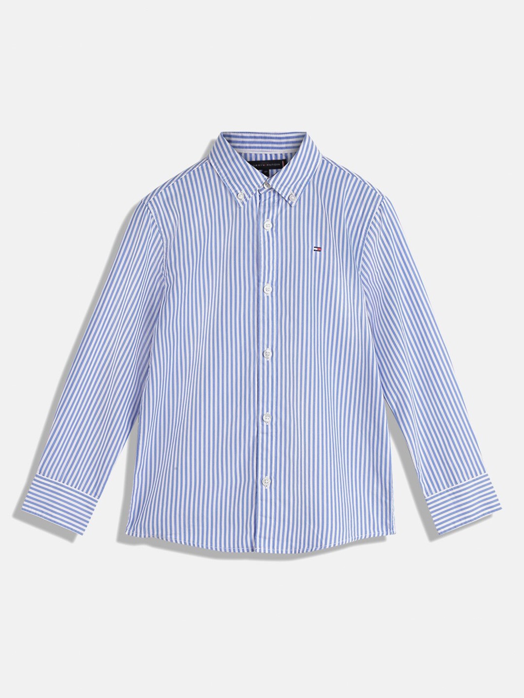 

Tommy Hilfiger Boys Standard Vertical Striped Button Down Collar Organic Cotton Shirt, Blue