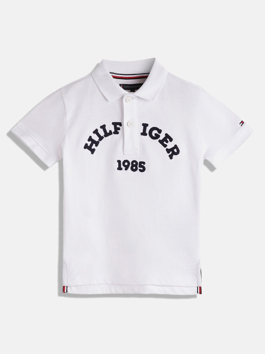 

Tommy Hilfiger Boys Typography Self Design Polo Collar Pure Cotton T-shirt, White
