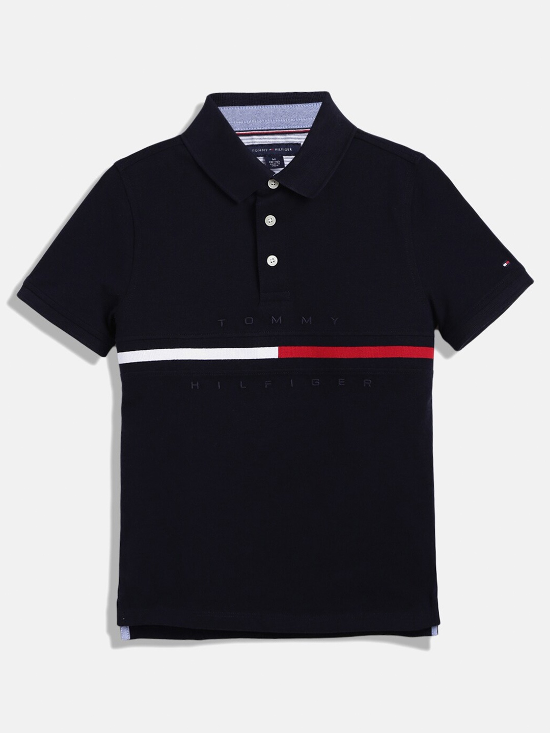 

Tommy Hilfiger Boys Typography Embroidered Polo Collar Pure Cotton T-shirt, Navy blue