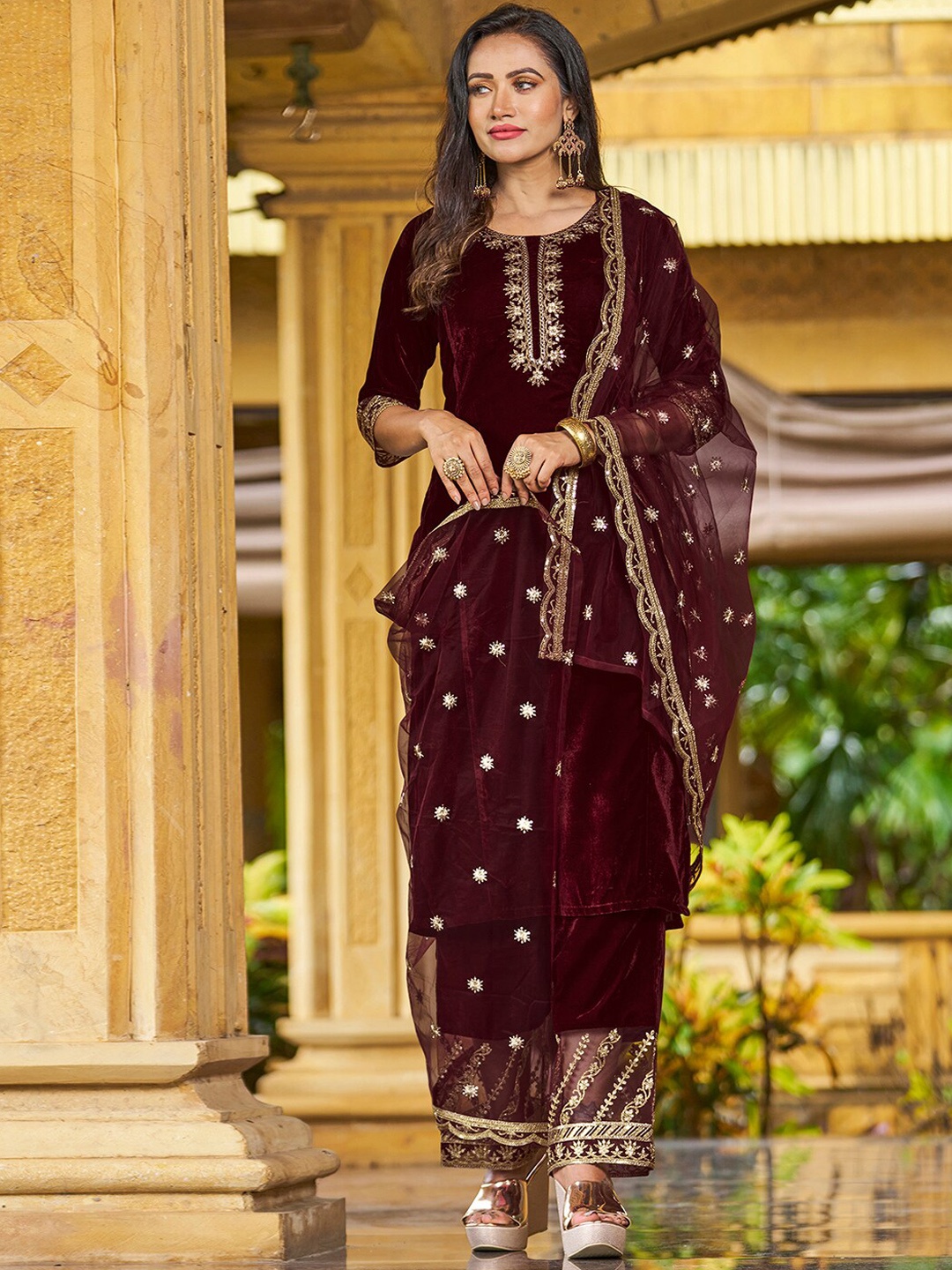 

KALINI Ethnic Motifs Embroidered Kurta with Trousers & With Dupatta, Maroon