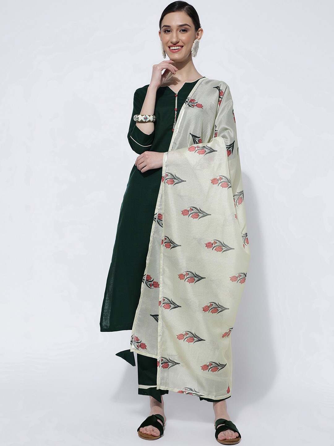 

KALINI Round Neck Kurta With Trouser & Dupatta, Green