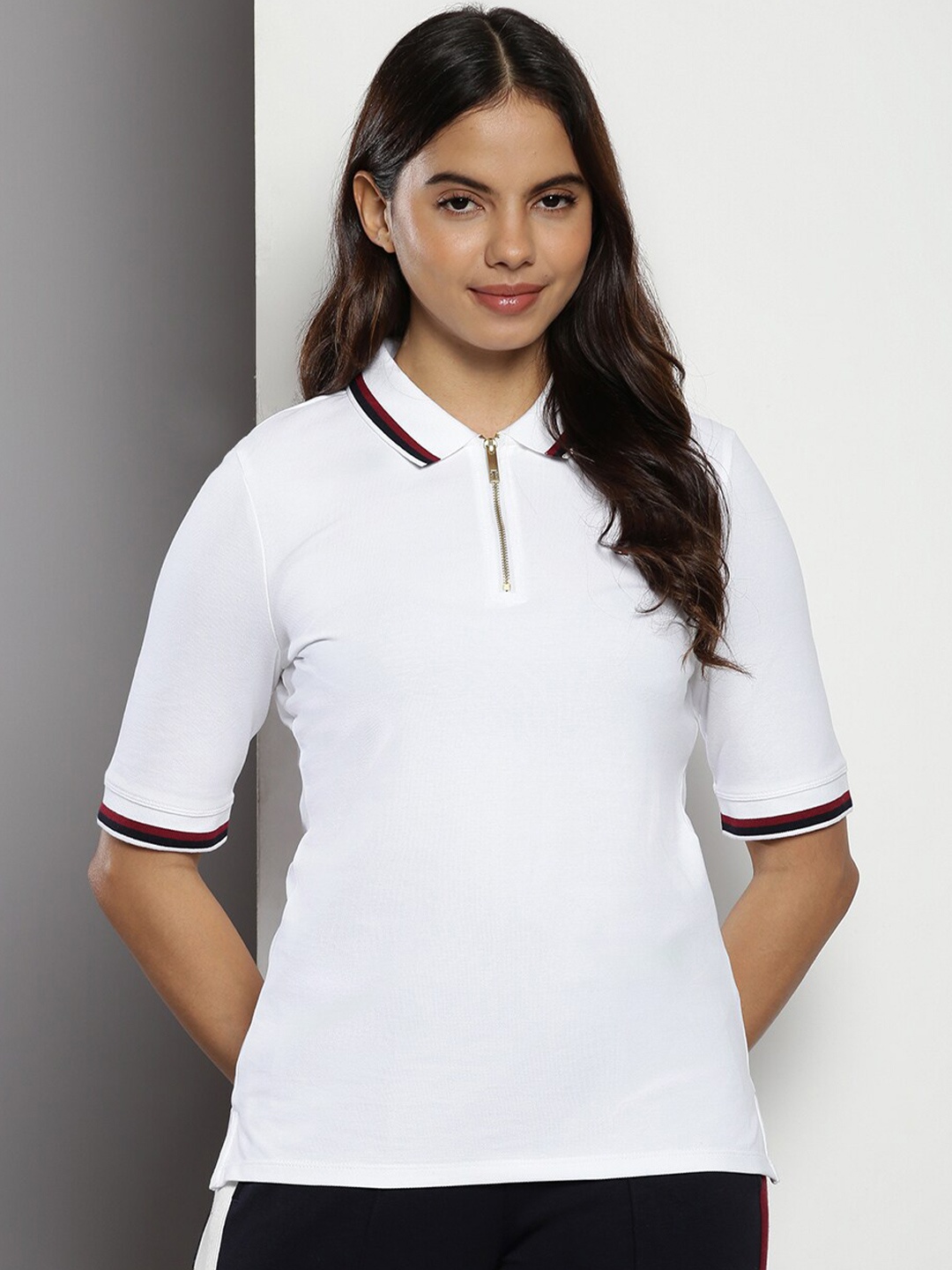 

Tommy Hilfiger Women White Polo Collar Slim Fit T-shirt