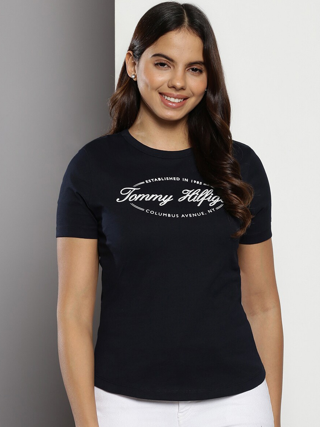 

Tommy Hilfiger Typography Embroidered Slim Fit Cotton T-shirt, Navy blue