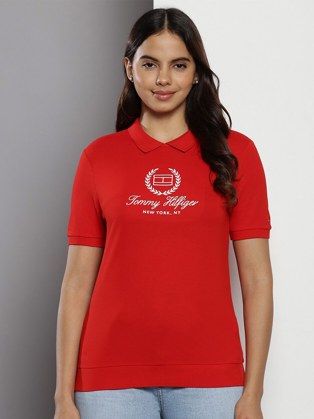 

Tommy Hilfiger Typography Embroidered Polo Collar Cotton T-shirt, Red