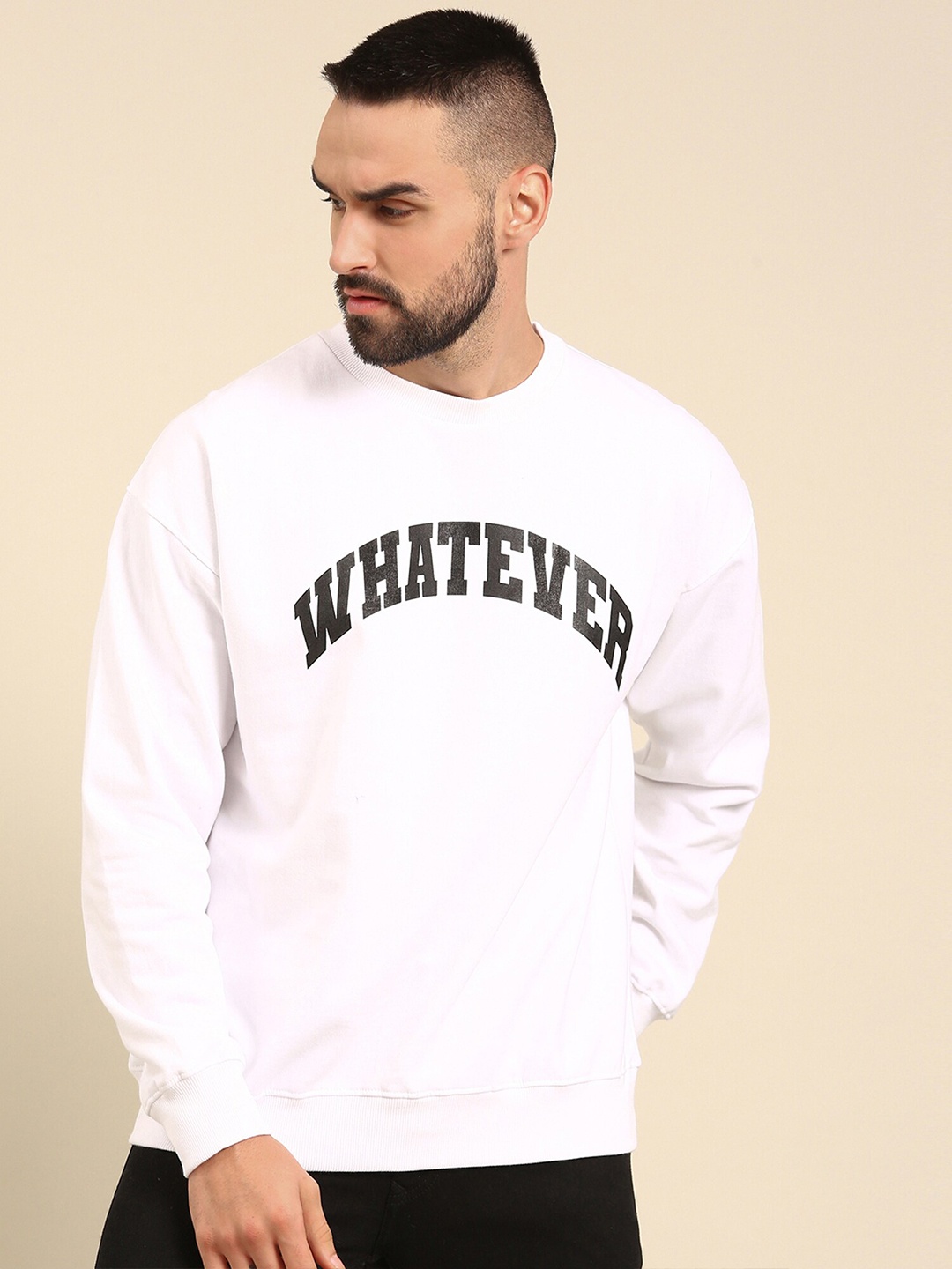 

recast Typography Printed Oversized Drop shoulder Pure Cotton Pullover Sweatshirt, White