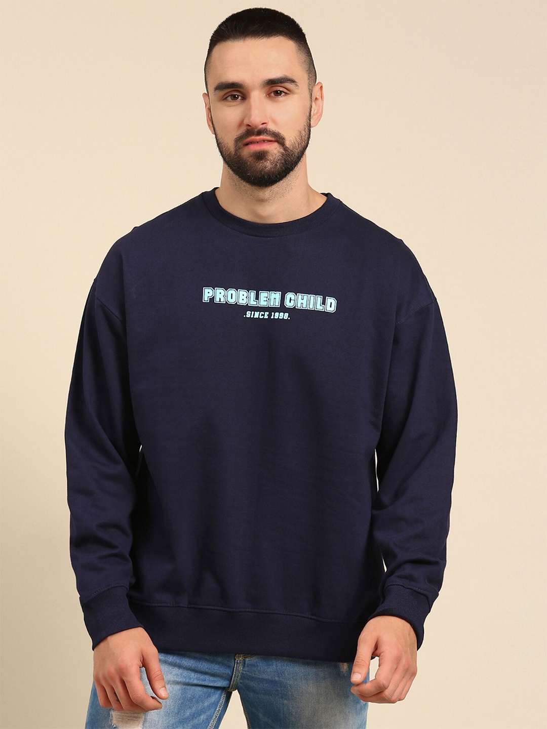 

recast Typography Printed Oversized Drop shoulder Pure Cotton Pullover Sweatshirt, Navy blue