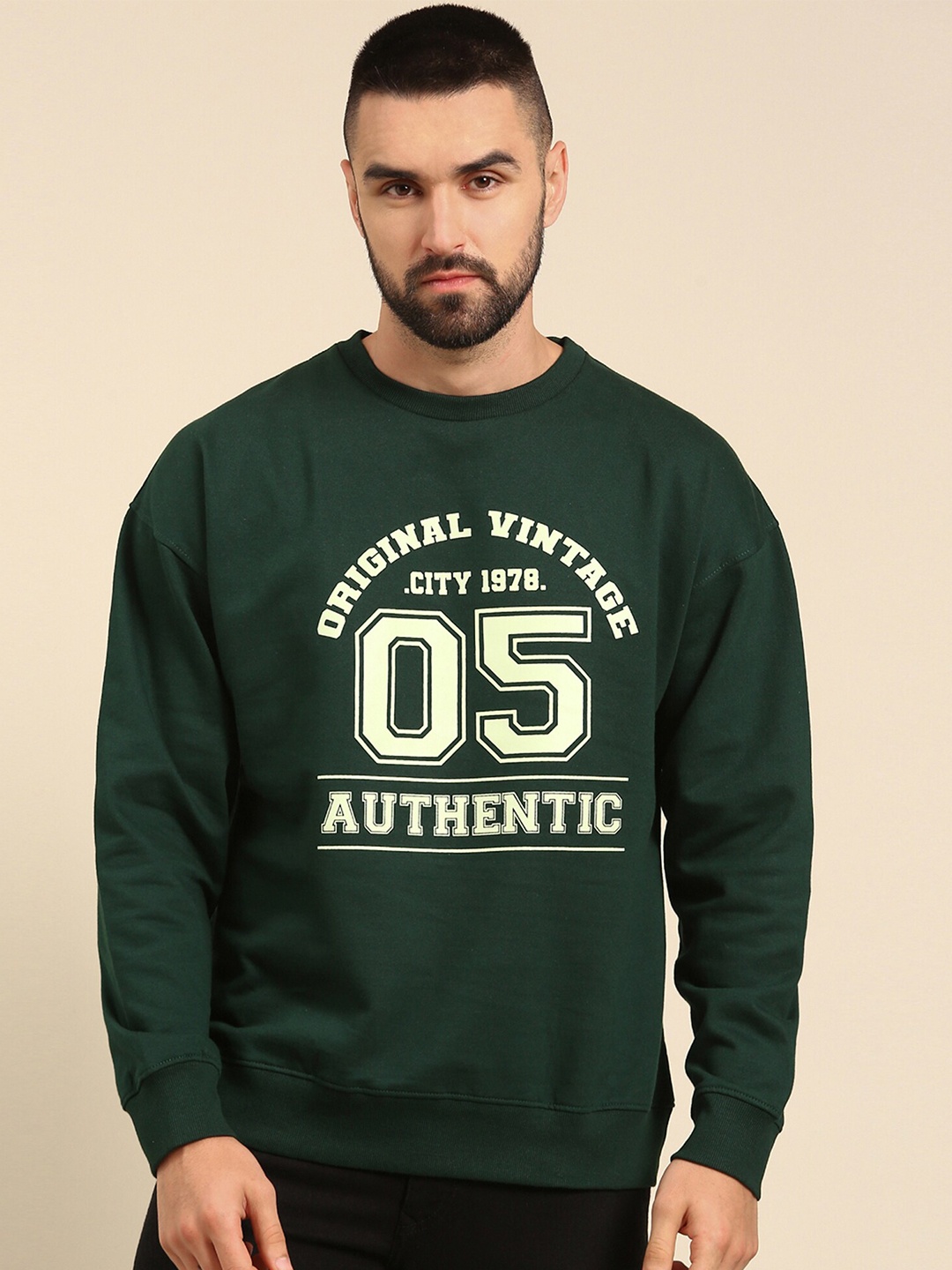 

recast Typography Printed Oversized Drop shoulder Pure Cotton Pullover Sweatshirt, Green