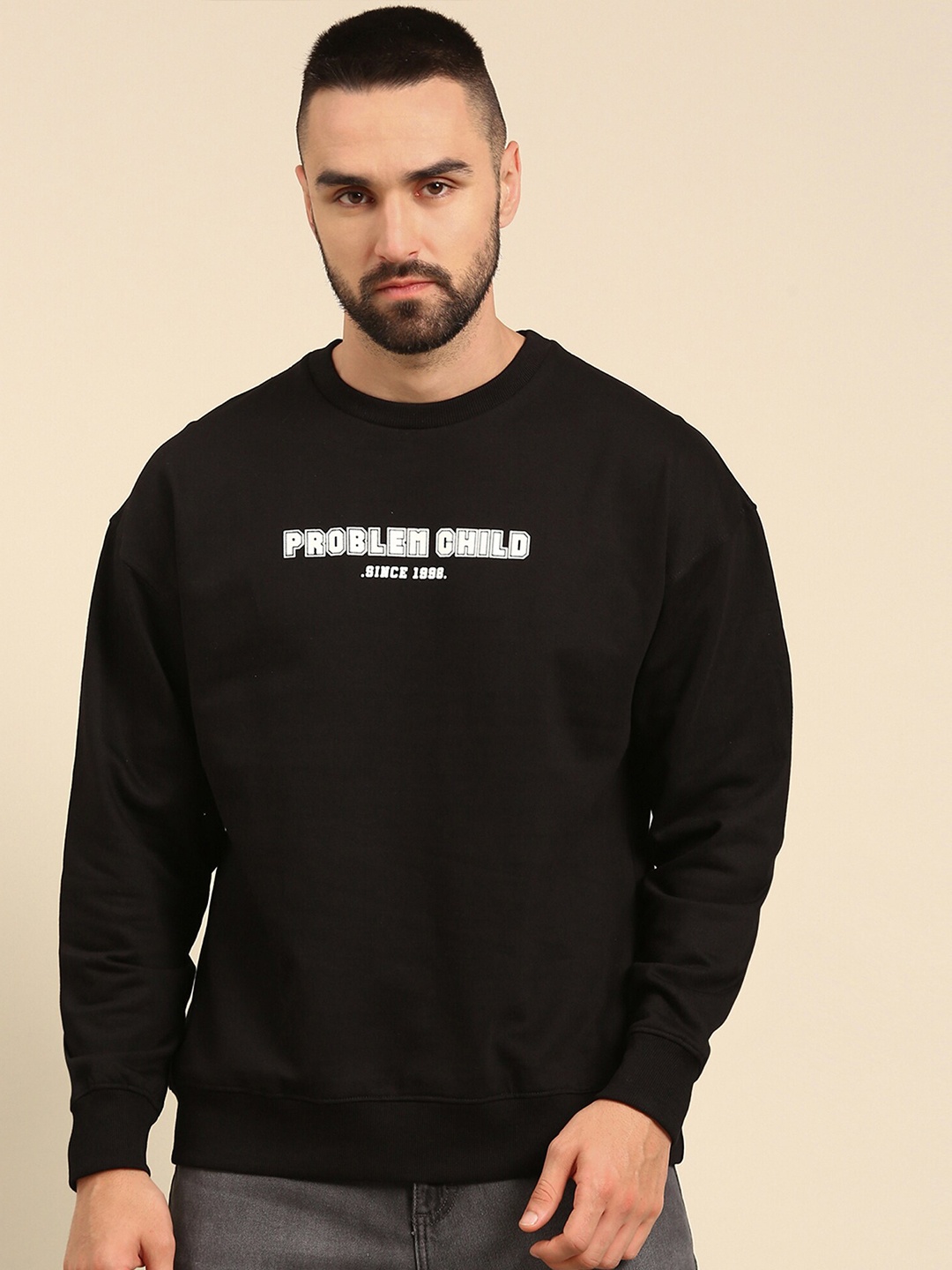 

recast Typography Printed Oversized Drop shoulder Pure Cotton Pullover Sweatshirt, Black