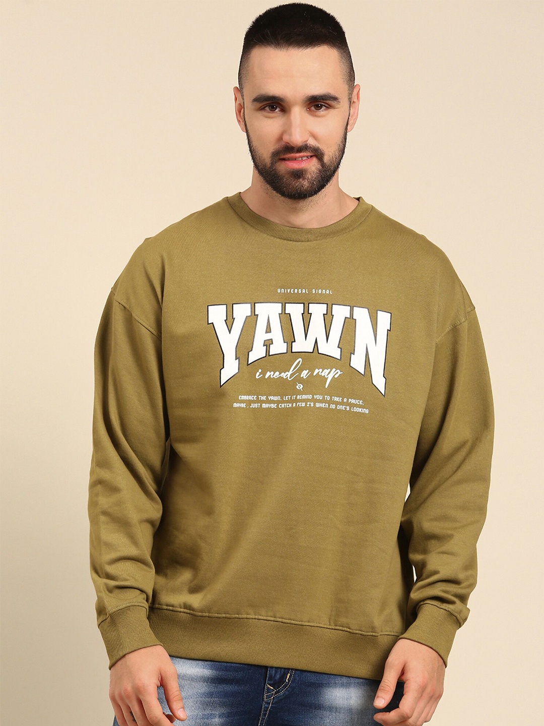 

recast Typography Printed Oversized Drop shoulder Pure Cotton Pullover Sweatshirt, Olive