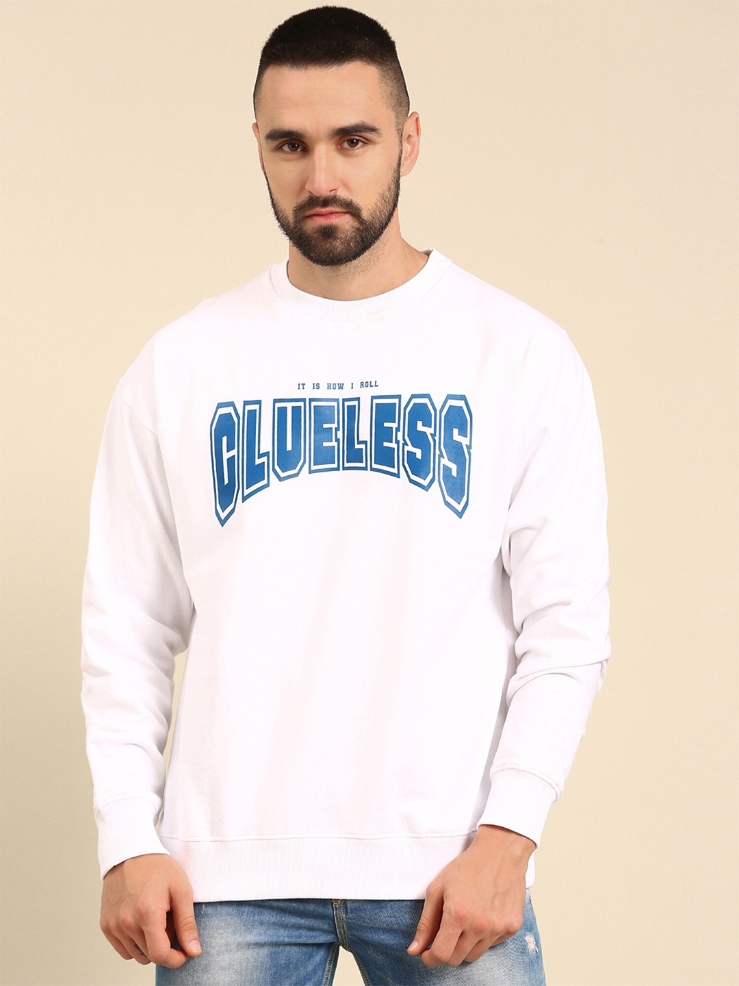 

recast Typography Printed Oversized Drop shoulder Pure Cotton Pullover Sweatshirt, White