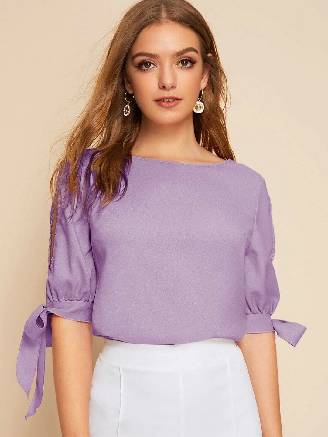 

Kotty Purple Boat Neck Slit Sleeve Top