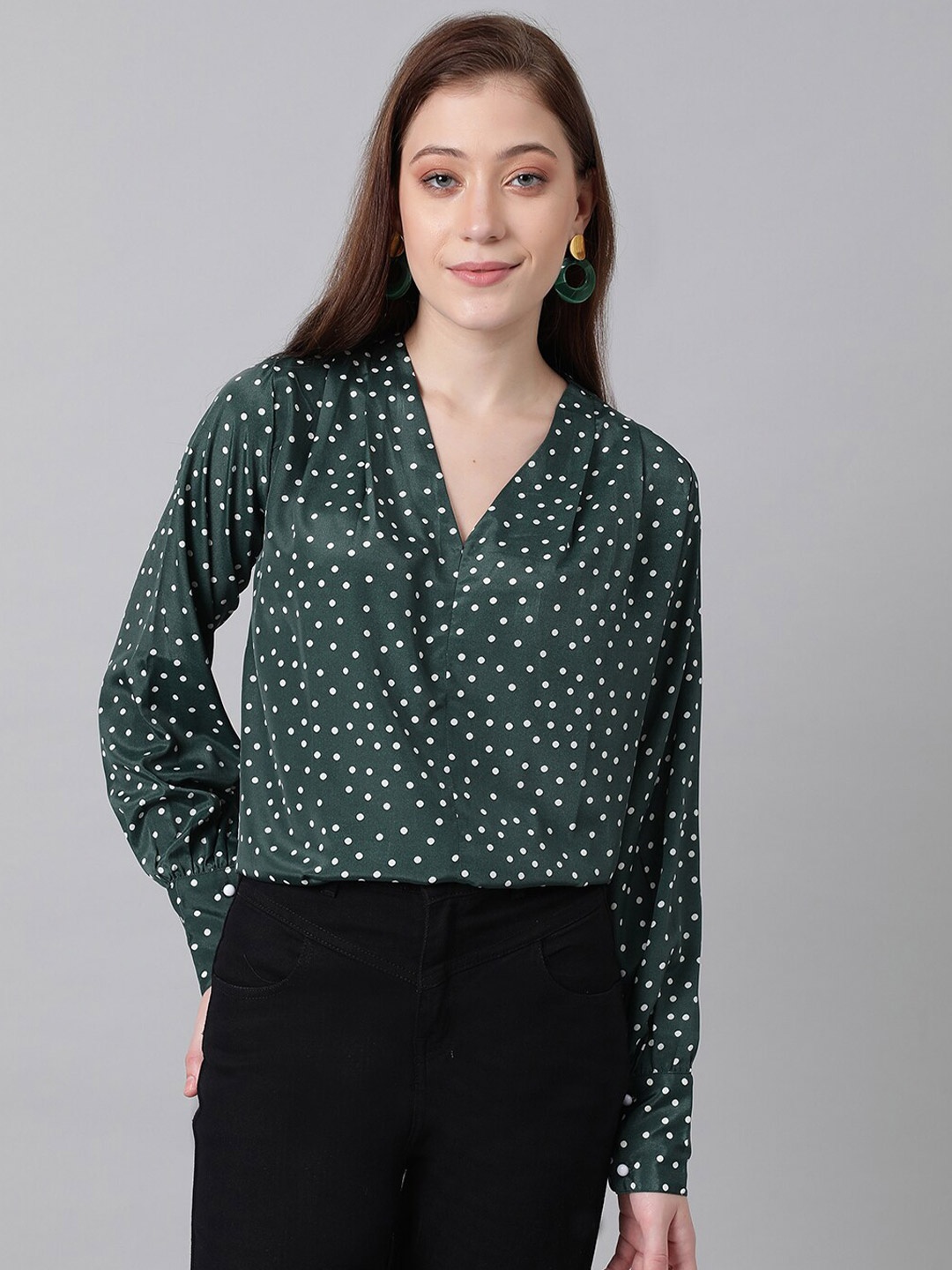 

Kotty Green & White Polka Dot Print V-Neck Cuffed Sleeves Satin Crepe Top